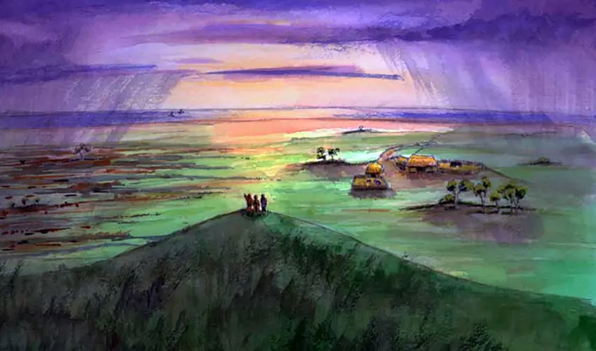 Artists impression of a bleak Moray heathland during a sunset