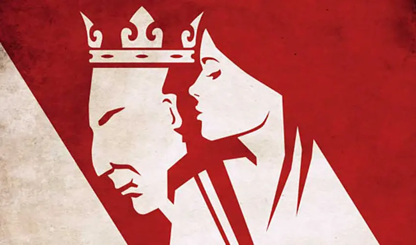 Macbeth and Lady Macbeth in hand drawn profile upon a red play poster