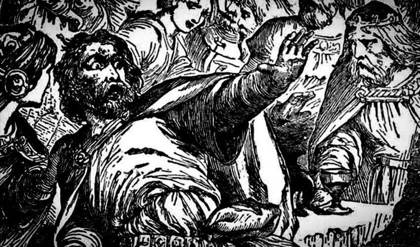 A scene from Macbeth the play carved into a woodcut
