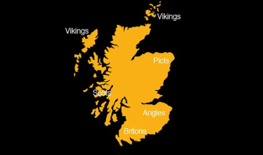 Basic map of Scotland showing the various areas ruled by different peoples