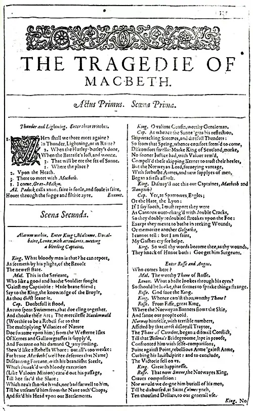 A sample page from the original manuscript: The Tragedie [sic] of Macbeth
