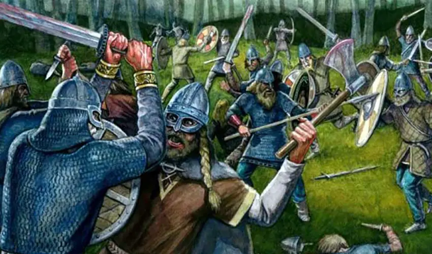 Artists impression of Thorfinn the Mighty in the heat of battle with many warriors fighting with various weapons