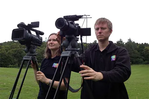 Sara and Alex doing a double take filming
